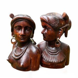 Tribal man and women wooden hand carved busts
